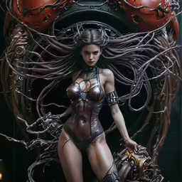 a fantasy scene features a sexy woman with long hair and metal gear