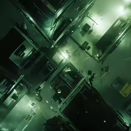 an overhead view of people standing outside a building