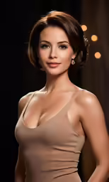a woman wearing a tan outfit posing for a photo