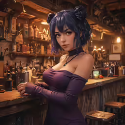 an attractive woman leaning on a bar counter with blue hair