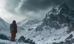 a person wearing an orange outfit is standing on a mountain