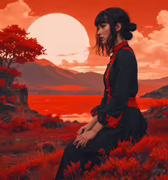 a woman sitting on the grass in front of a beautiful sunset,there is a woman standing in the field