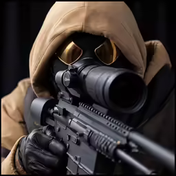 a person wearing gas masks and holding a gun