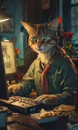 cat with green eyes sitting at a computer desk