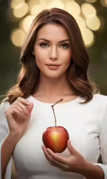 a woman with long hair holding an apple