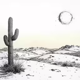 a black and white picture with a cactus, a full moon and some desert