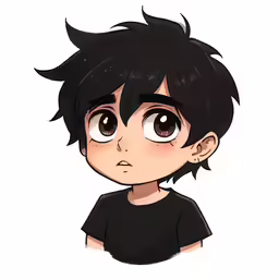 a boy with black hair and a black shirt