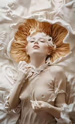 a woman with her eyes closed laying down in bed