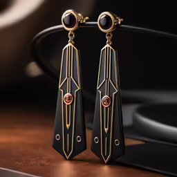 earrings with black and gold details on the sides of them