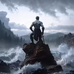 a man standing on top of a rock by the ocean