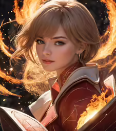a woman in an elaborate outfit holding a fireball