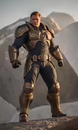 an action figure standing on top of a cliff