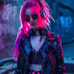 a girl with pink hair and black leather clothing wears headphones,a woman wearing headphones and jacket next to a car