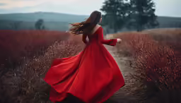 a woman in red is walking through a field