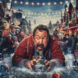 the poster for a film starring a christmas story,the big ler is surrounded by people in a busy city