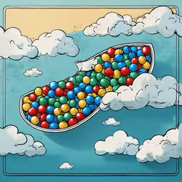 there are several colorful balls in a boat floating in the sky,the floating boat is filled with colorful balls