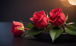three red roses are placed in a bowl