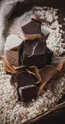 chocolate pieces are displayed in a basket full of brown and white beans