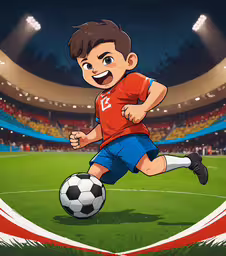 there is a soccer player running and kicking the ball,a cartoon man is playing soccer in an arena
