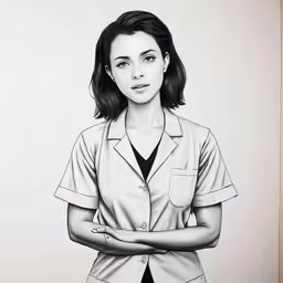 a black and white photo of a woman wearing a lab coat