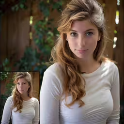 a girl in white shirt looking at the camera,a woman in white shirt posing for a photo