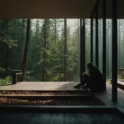 a woman sits on the floor in front of a window overlooking a forest
