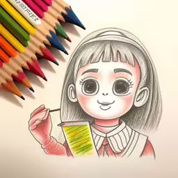 a drawing of a girl with glasses holding a box of pencils,a drawing of a girl holding a book and a crayon pencil