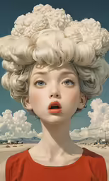 woman with large blond hair in front of clouds