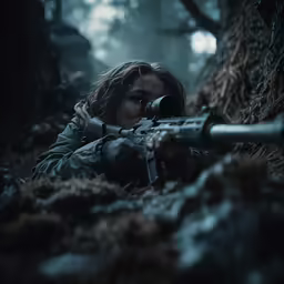 the girl with the gun is hiding in the dark woods