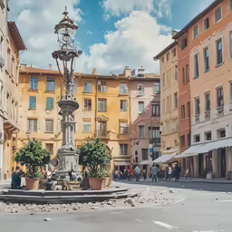 a square is covered in flowers and people are around