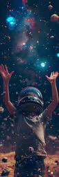 a little boy wearing a space helmet with his arms out,a small child standing on a red and blue background