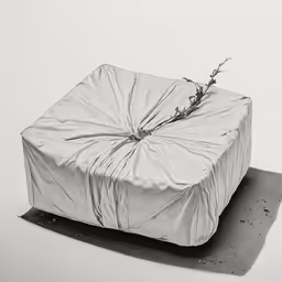 a plastic wrapped present sits on a sheet