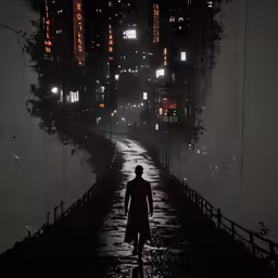 a man with a umbrella walking down a wet road in a dark city