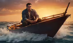a man in the middle of a boat riding on the ocean,the man is sitting in his boat at sea