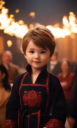 an adorable little boy with brown hair and a dress