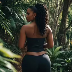 a woman wearing a black outfit in the jungle