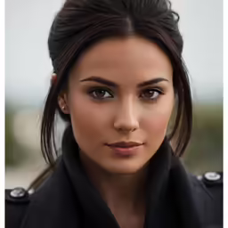 an attractive young woman wearing military uniform looks at the camera
