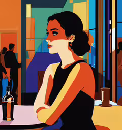a woman in a black dress sitting at a table and staring away,a lady that is sitting in a booth at a restaurant