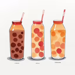 a number of beverage jars with straws and dots