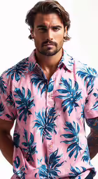man with tattoo in hawaiian style shirt,the man is wearing a pink shirt and standing with his hands on his hips