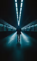 a person walking through a dark tunnel that is lit up