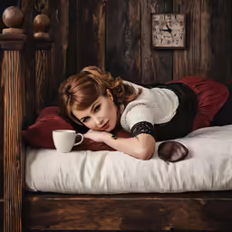 an attractive woman is lying on her bed with a cup