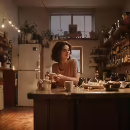 a woman is sitting at a kitchen counter