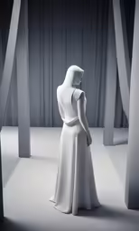 a white woman is standing in an empty room with curtains