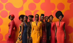 six african women standing next to a large orange and red wall