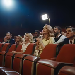people sitting in an auditorium with rows of red seats