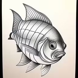 a fish that is on some paper next to a paper,a very big fish that is drawing on paper