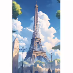 the eiffel tower in the background, with a sky backdrop