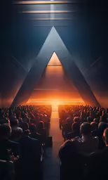 people watching a stage with a large triangle above