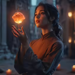 a woman holding up a lit up object with flames coming from it